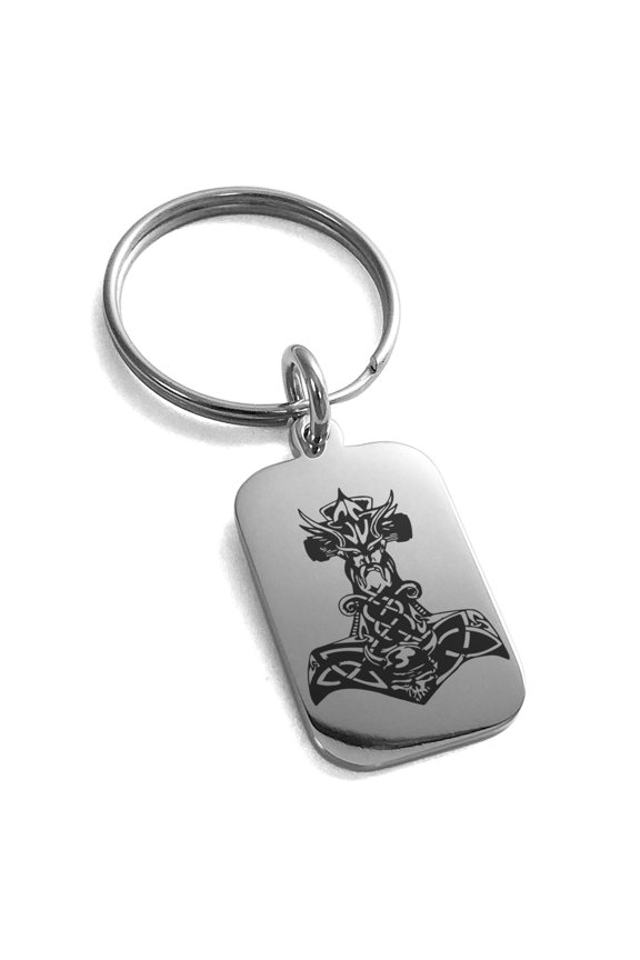 Stainless Steel Asgard Mjolnir Thor's Hammer Viking Norse Engraved Small Rectangle Dog Tag Charm Keychain Keyring
