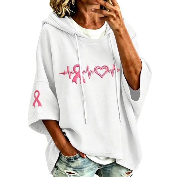 GILIGEGE Women's Breast Cancer Awareness Hoodie in October We Wear Pink Sweatshirt Pink Ribbon Shirt,Causal Crewneck 3/4 Length Sleeve Inspirational Oversized Blouse,Fall Winter Pullover White 3XL