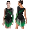 thumbnail image 2 of Aislor Women's Figure Ice Skating Dress Long Sleeve Rhinestones Irregular Mesh Bodysuit Ballet Dance Costume Dark Green L, 2 of 7