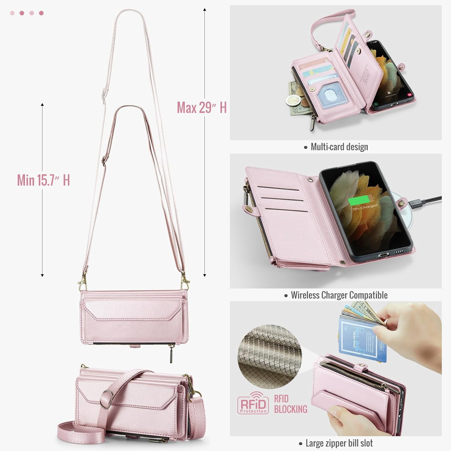 Phone Case for Samsung Galaxy S21 Ultra 5G Zipper Wallet Cover with Tempered Glass Screen Protector and Flip RFID Blocking Card Holder Cell S21ultra 21S S 21 21ultra G5 Women Girls Rose Gold