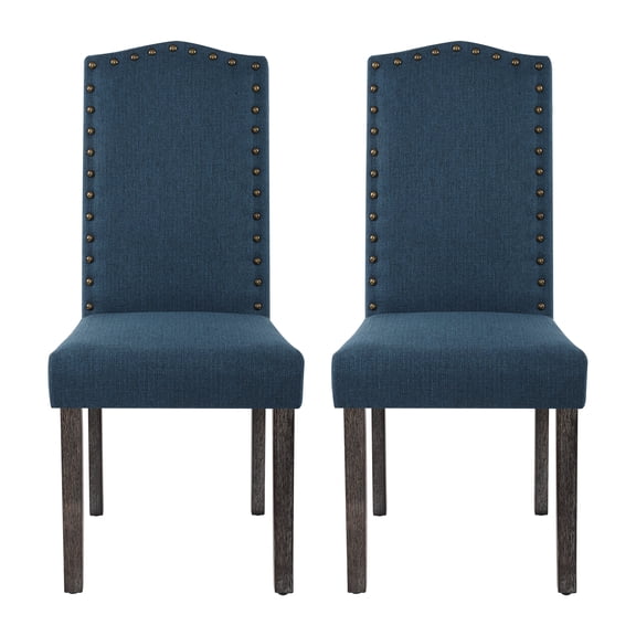 High Back Fabric Upholstered Dining Chairs with Nailhead Trim, Blue, Set of 2
