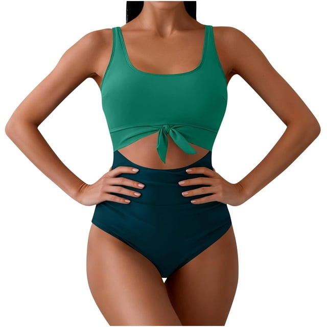 Ltctricy One Piece Swimsuit for Women Scoop Neck Tie Front Cut out Color Block Ruched Bathing Suits Slimming Swimwear