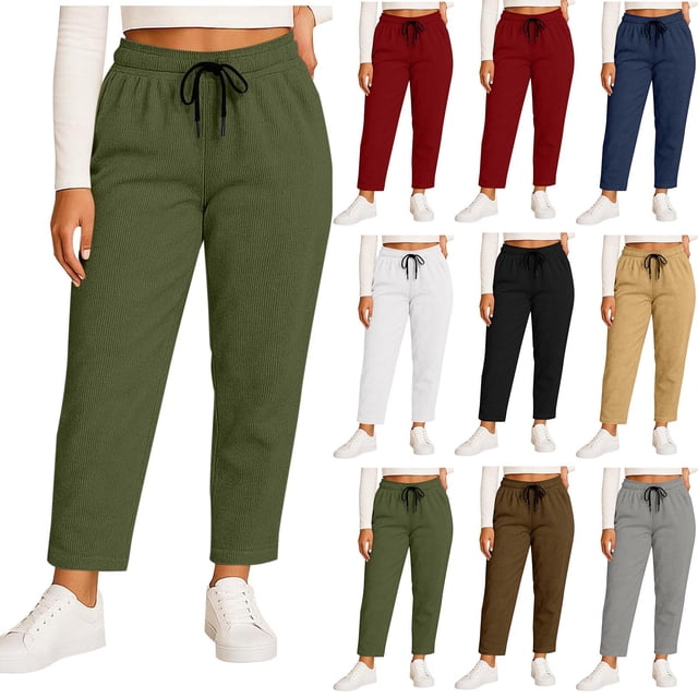 Pincandy Women's Plus Size Solid Color Fashion Elastic Waist Corduroy Wide Leg Pants with Pockets, Loose Fit, Casual & Daily Wear