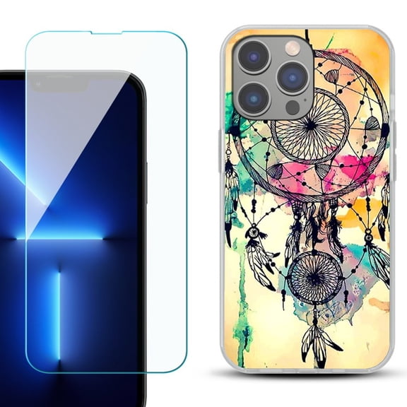 Slim-Fit Gel TPU Phone Case for iPhone 14 Pro Max, with Tempered Glass Screen Protector, by OneToughShield ® - Dream Catcher Color