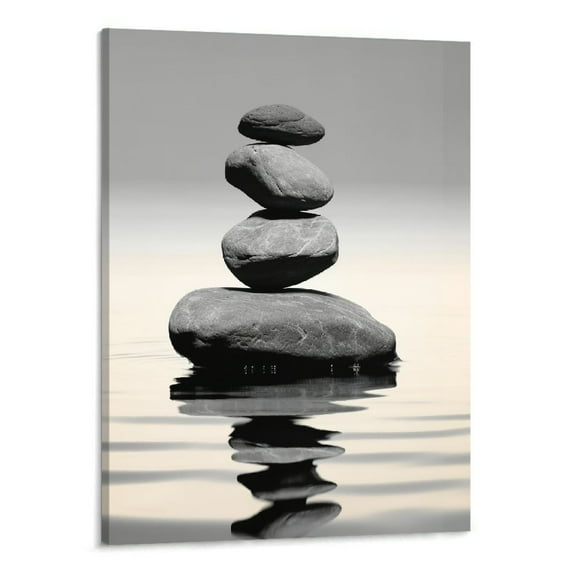 PRATYUS Black and White Zen Wall Art Stones in Water Pictures Print on Canvas for Bathroom Yoga Meditation Spa Room Living Room Bedroom Wall Decorations Framed (Zen, 16"x20"in)