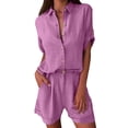 thumbnail image 1 of Conjunto de dos piezas para mujer: camiseta lisa de manga corta con botones en el cuello y pantalones cortos, poliéster spandex, moda informal para verano, 1 of 7