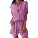 thumbnail image 1 of Conjunto de dos piezas para mujer: camiseta lisa de manga corta con botones en el cuello y pantalones cortos, poliéster spandex, moda informal para verano, 1 of 7
