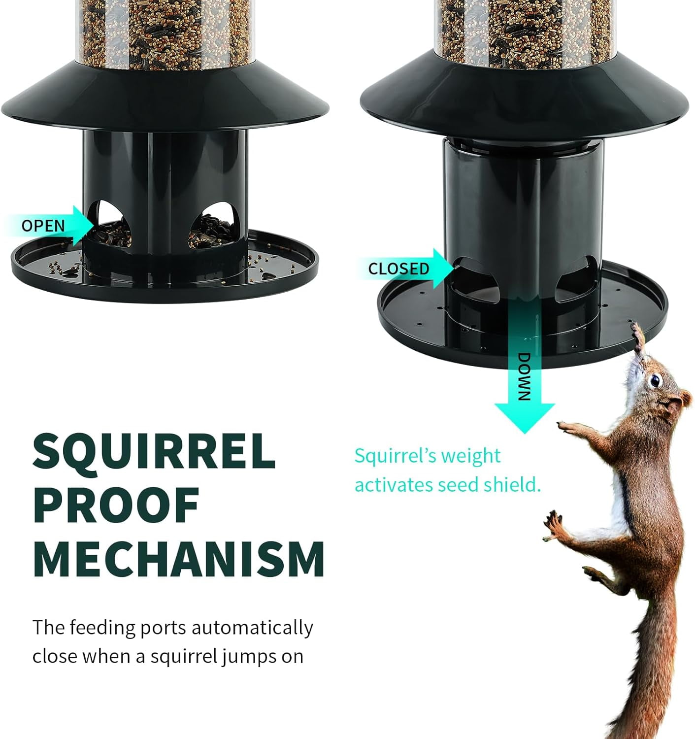 Squirrel Proof Bird Feeder for Outdoors, 360° Feeding Perch Tray with Rainproof Roof, Heavy Duty Wild Bird Seed Feeder for Hanging, Dark Green