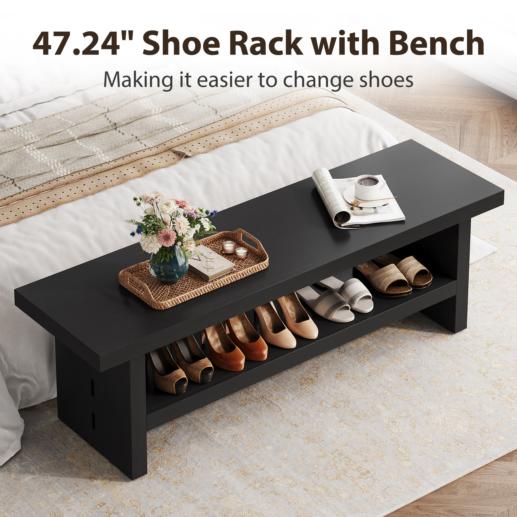 Condemo 2 Tier Entryway Bench, 47.24" Shoe Bench, Rustic Shoe Rack, Wooden Storage Bench for Entryway Hallway Living Room Bedroom, Easy Assembly, Black