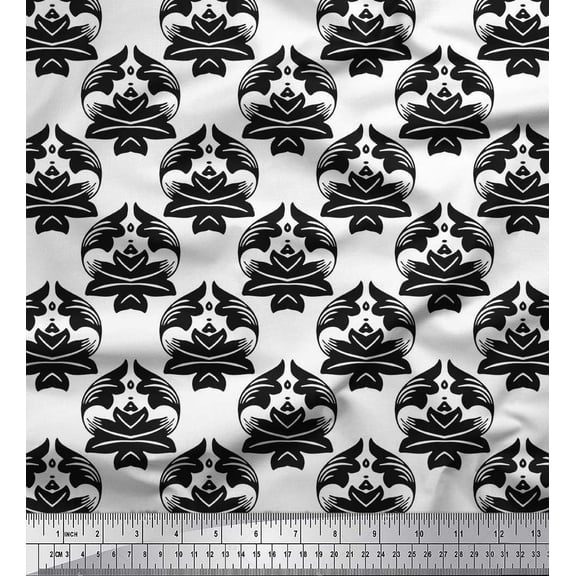 Soimoi Black Silk Fabric Flourish Damask Print Sewing Fabric Yard 42 Inch Wide