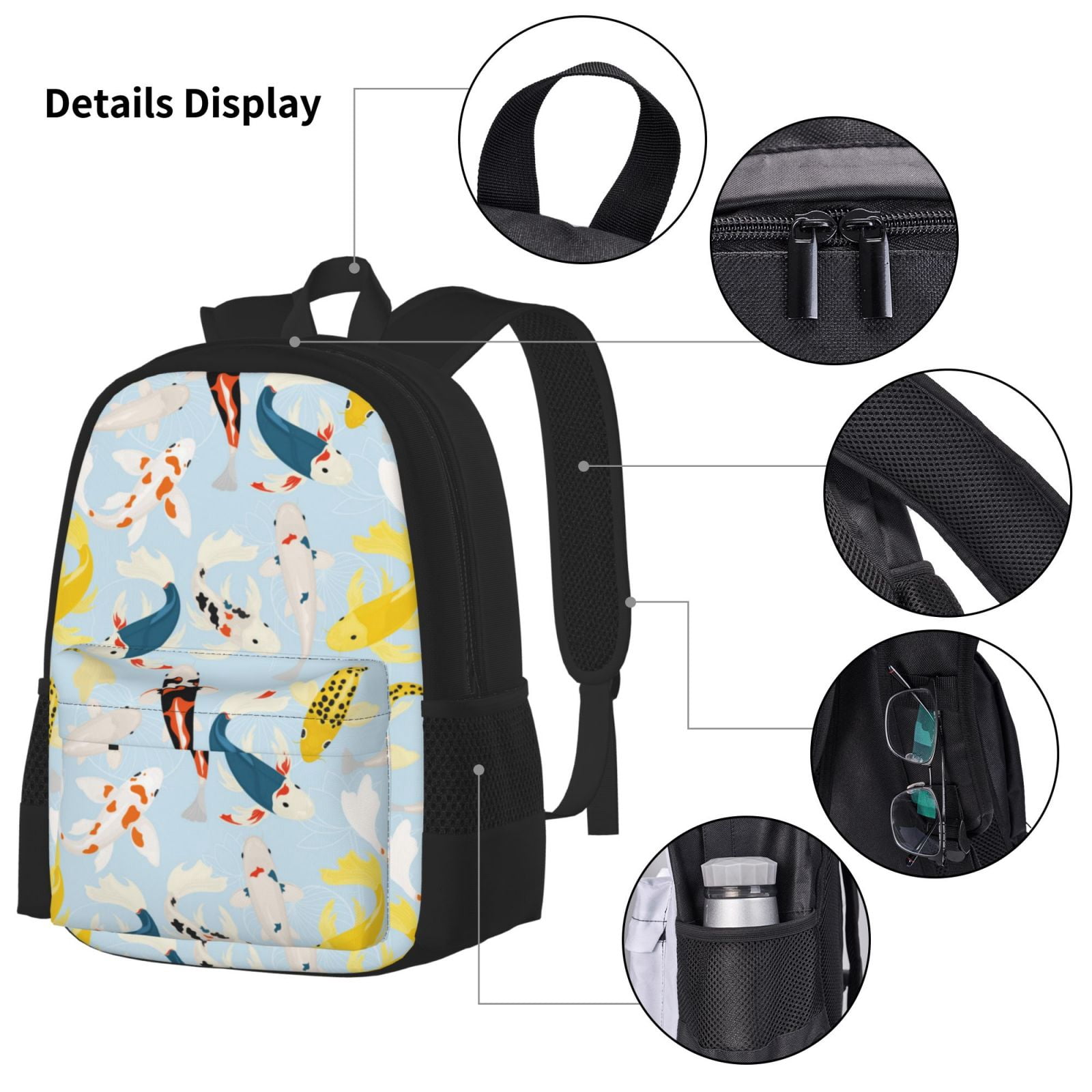 Naloa Japanese Carps Print Large Capacity Backpack Lunch Bag Pencil Case Combination 3 Piece Set for Student