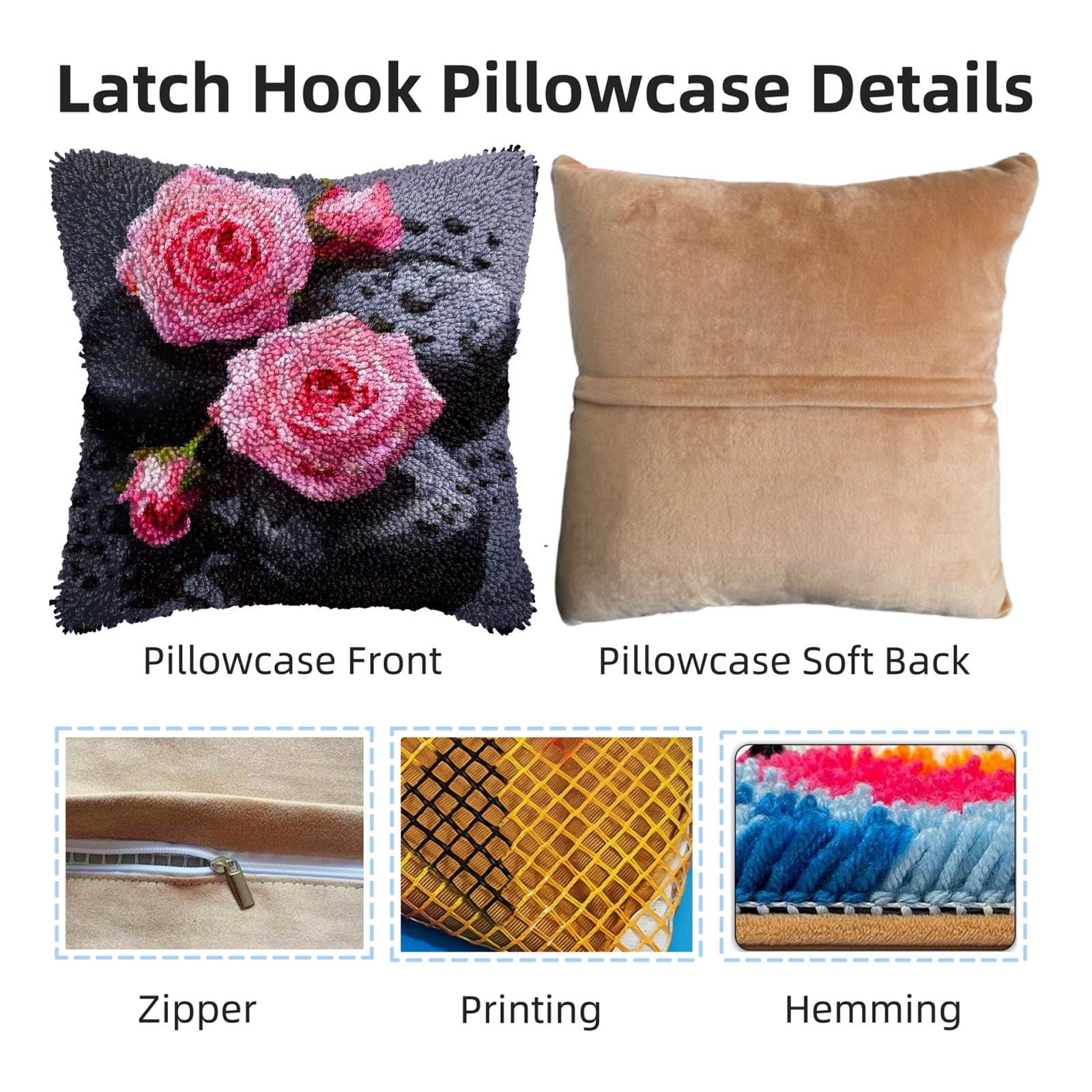Roses and Black Stone DIY Latch Hook Pillow Kits for Adults Printed Pillowcase Crochet Yarns Hooking Handmade Pillow Cover Cushion for Home Sofa Decoration 17x17inch