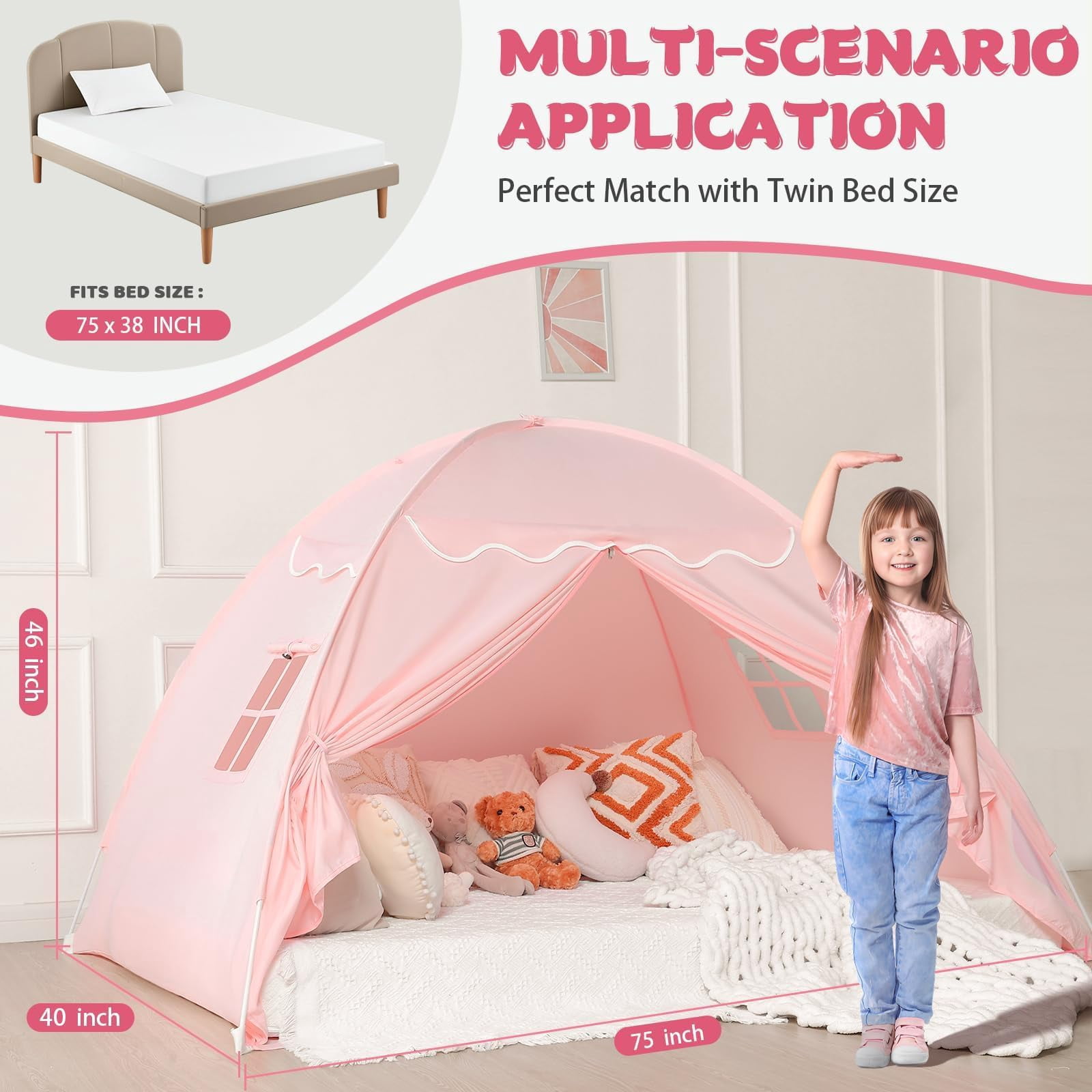 Bed Tent Canopy: Lights & Flags Indoor Play -bed Teepee Tents - Girls&boys Playhouse Space Sleeping Gifts (twin Pink)