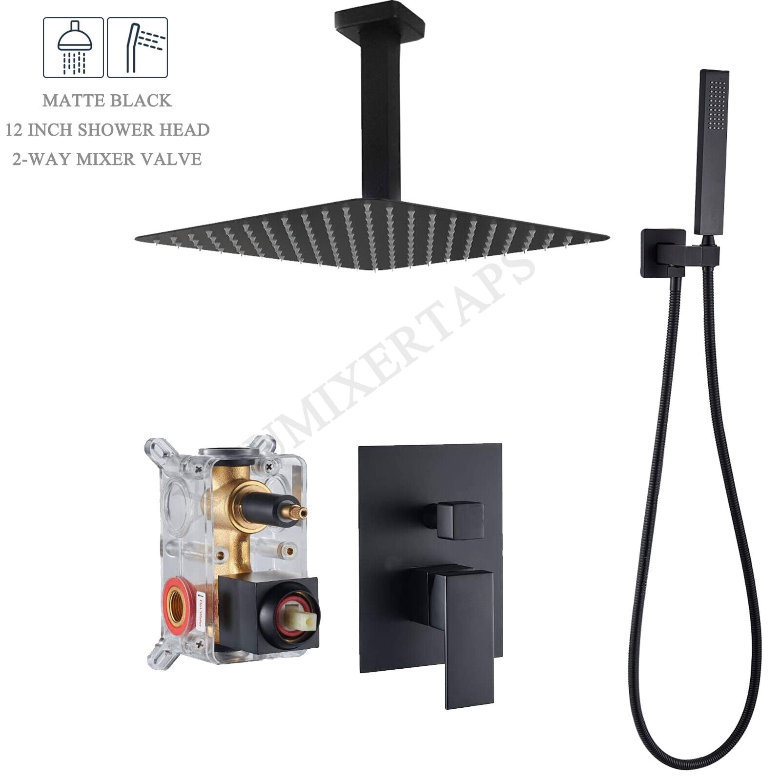 Zovajonia Matte Black Shower System 12 Inches Shower Faucet Set,  Rain Shower Head with Handheld Spray Bathroom Ceiling Mount Shower Fixtures
