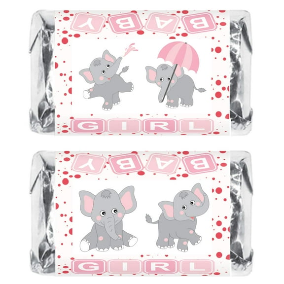 60 Elephants Pink Girl Baby Shower Miniatures Candy Bar Wrapper, Its a Girl Baby Shower Mini Candy Bar Stickers, Pink Decorations, Candy Not Included