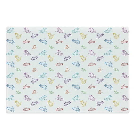 Butterfly Cutting Board, Doodle Style Various Animals Rainbow Colored Abstract Line Creatures Dotted Wings, Decorative Tempered Glass Cutting and Serving Board, Large Size, Multicolor, by Ambesonne