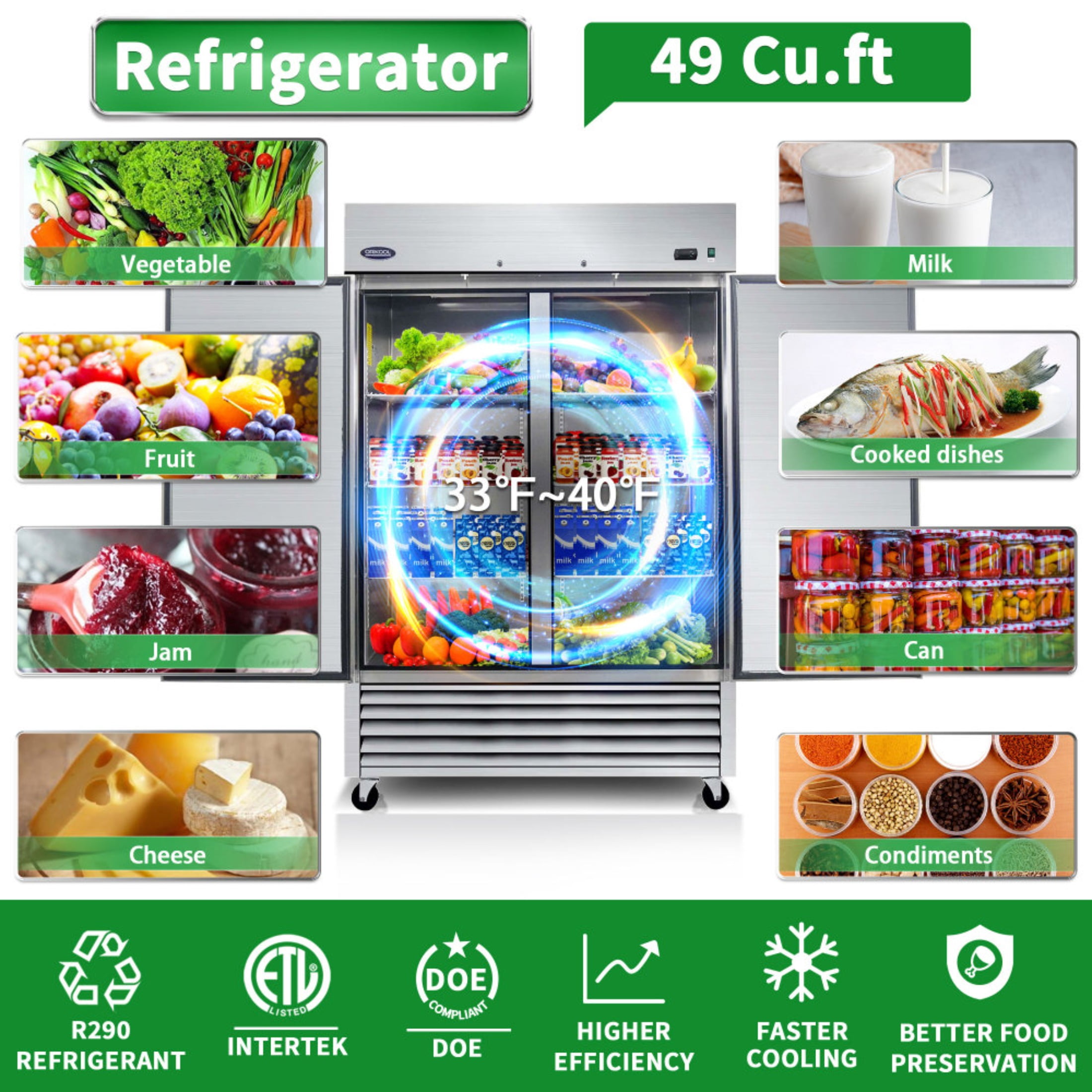 54" Commercial Refrigerator 49 Cu.ft with 2 Solid Door Reach-In Refrigerators Stainless Steel ETL Approved Upright Fridge Storage(LTL carry)