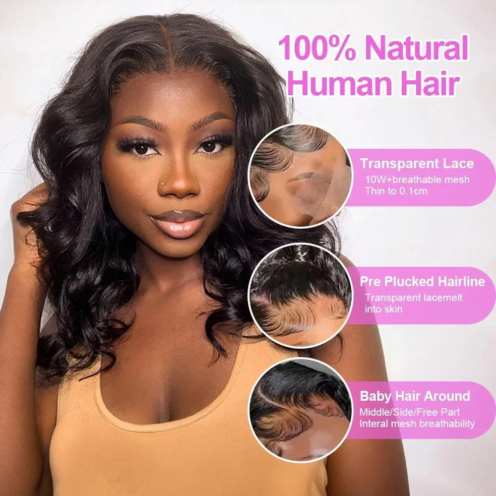 Glueless Body Wave Bob Wigs 13x4 HD Lace Frontal Human Hair Natural Wave Short Bob Wigs