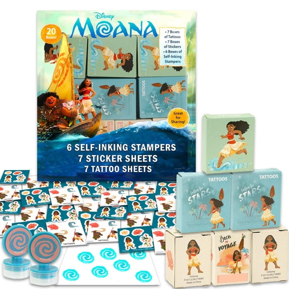 Moana Party Favors for 20 Guests Bundle - 20 Pieces Moana Favor Boxes with Stickers, Tattoos and Stampers for Kids Birthday Party | Moana Party Supplies and Decorations Combo Pack