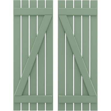 Ekena Millwork 19 1/2"W x 71"H Americraft Five Board (2 Batten) Exterior Real Wood Spaced Board-n-Batten Shutters w/ Z-Bar (Per Pair), Track Green