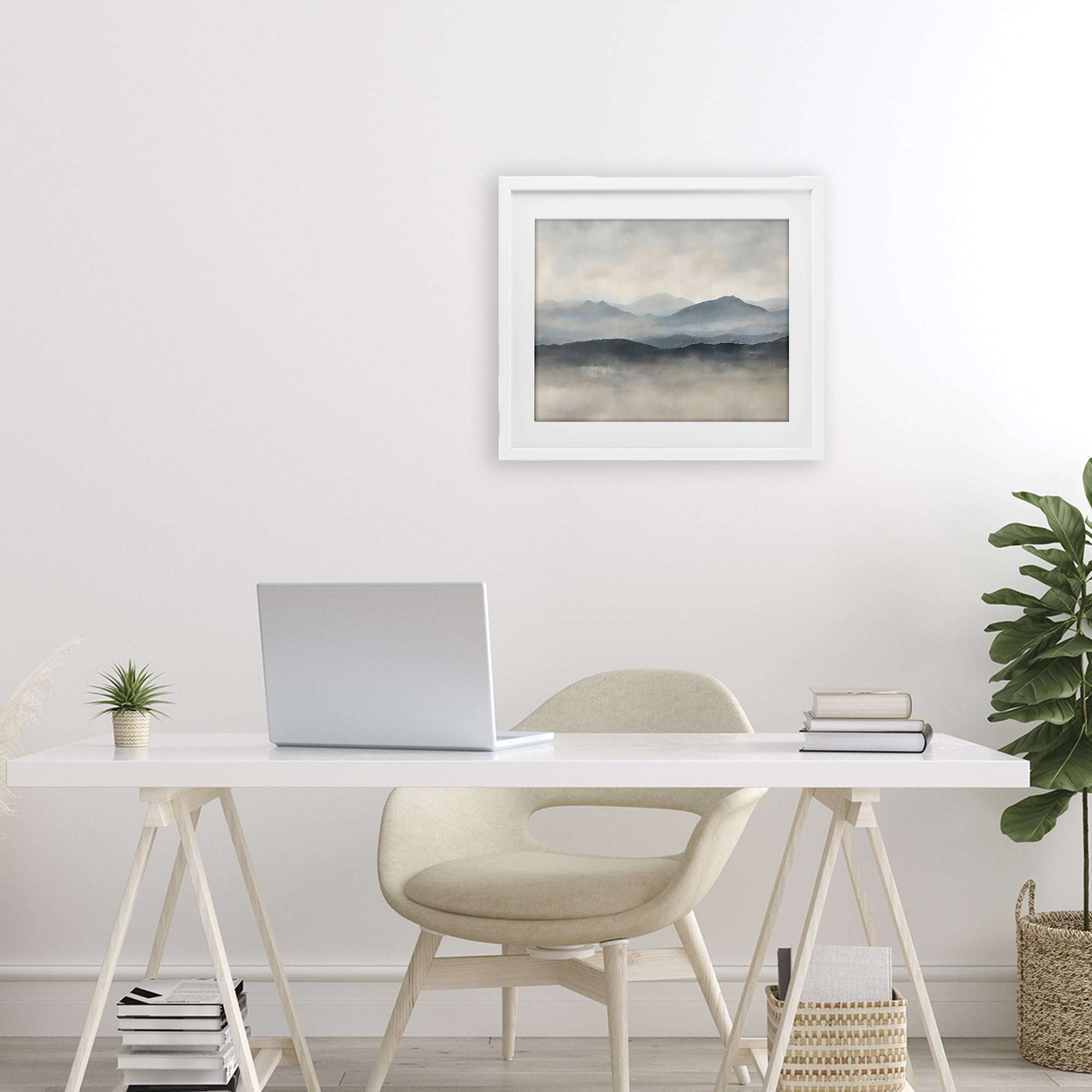 Stupell Industries Misty Muted Mountainscape White Framed Print Under Glass, design by Riley B