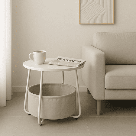 Homy Casa Round End Table with Storage Basket, Accent Table for Reading Nook, White