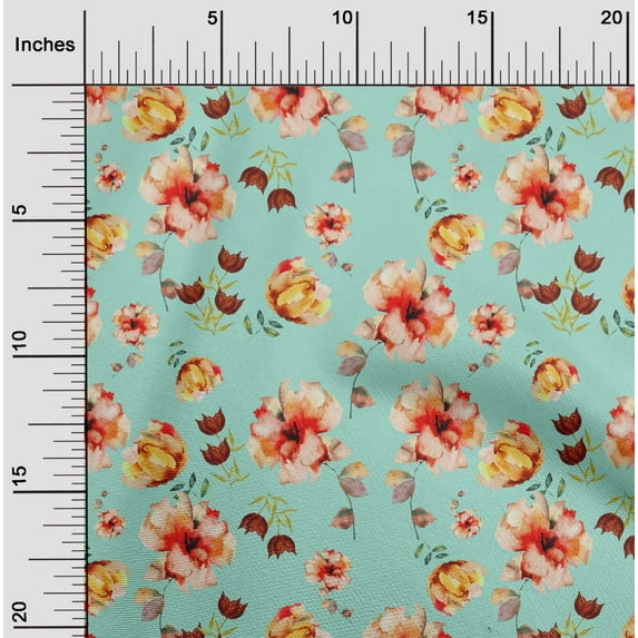 oneOone Georgette Viscose Aquamarine Fabric Flower & Leaves Watercolor Fabric For Sewing Print Craft Fabric By The Yard 42 Inche Wide