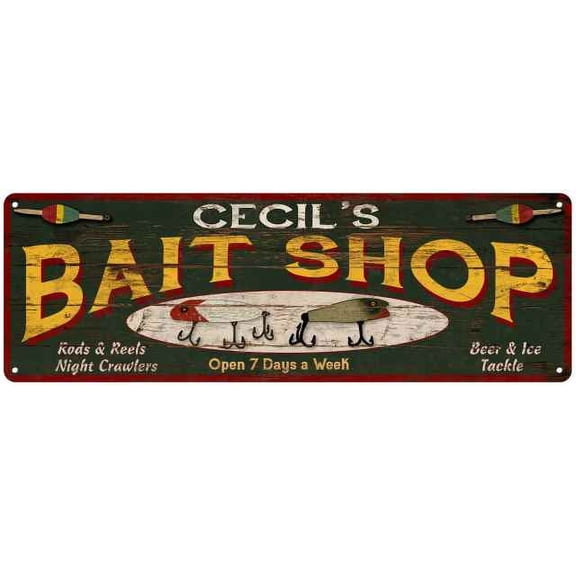 CECIL'S Bait Shop Sign Wood Look Man Cave Den Gift 6x18 Metal 106180024217