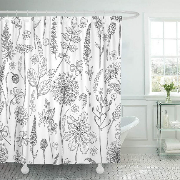 Doodle Wild Flowers, Black And White Flower Shower Curtain