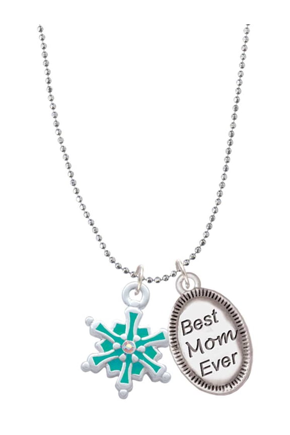Silvertone Teal Snowflake with Clear Crystal Best Mom Ever Charm Necklace