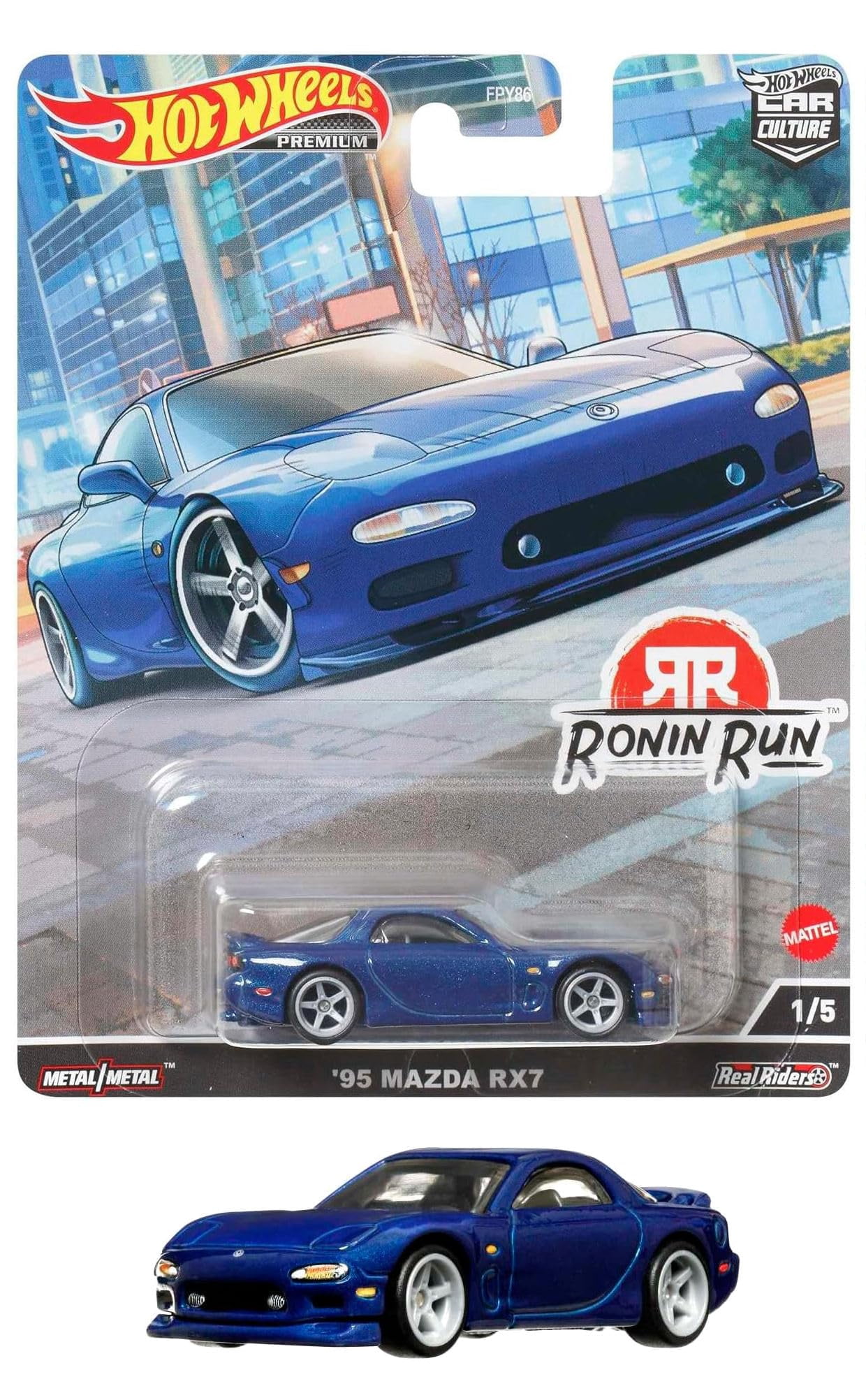 Hot Wheels Premium Ronin Run Mazda RX7 Set, '95 Blue and FC Pandem White, Die-Cast Metal Cars, 1/5 and 5/5