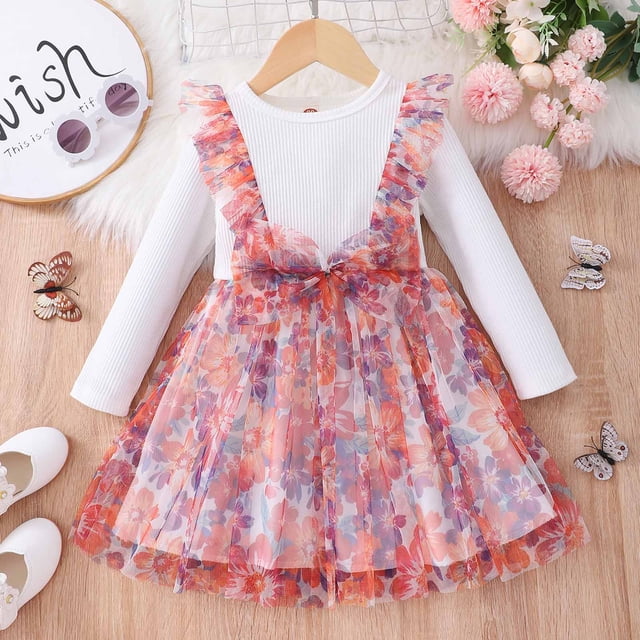 LSLJS Spring Toddler Baby Girl Flower Mesh Bowknot Long Sleeve Dress Princess Dress, Baby Outfits