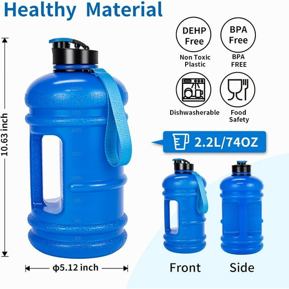 2 Liter  Water Bottle - Blue 74 oz Half Gallon for Gym Hiking Running Cycling