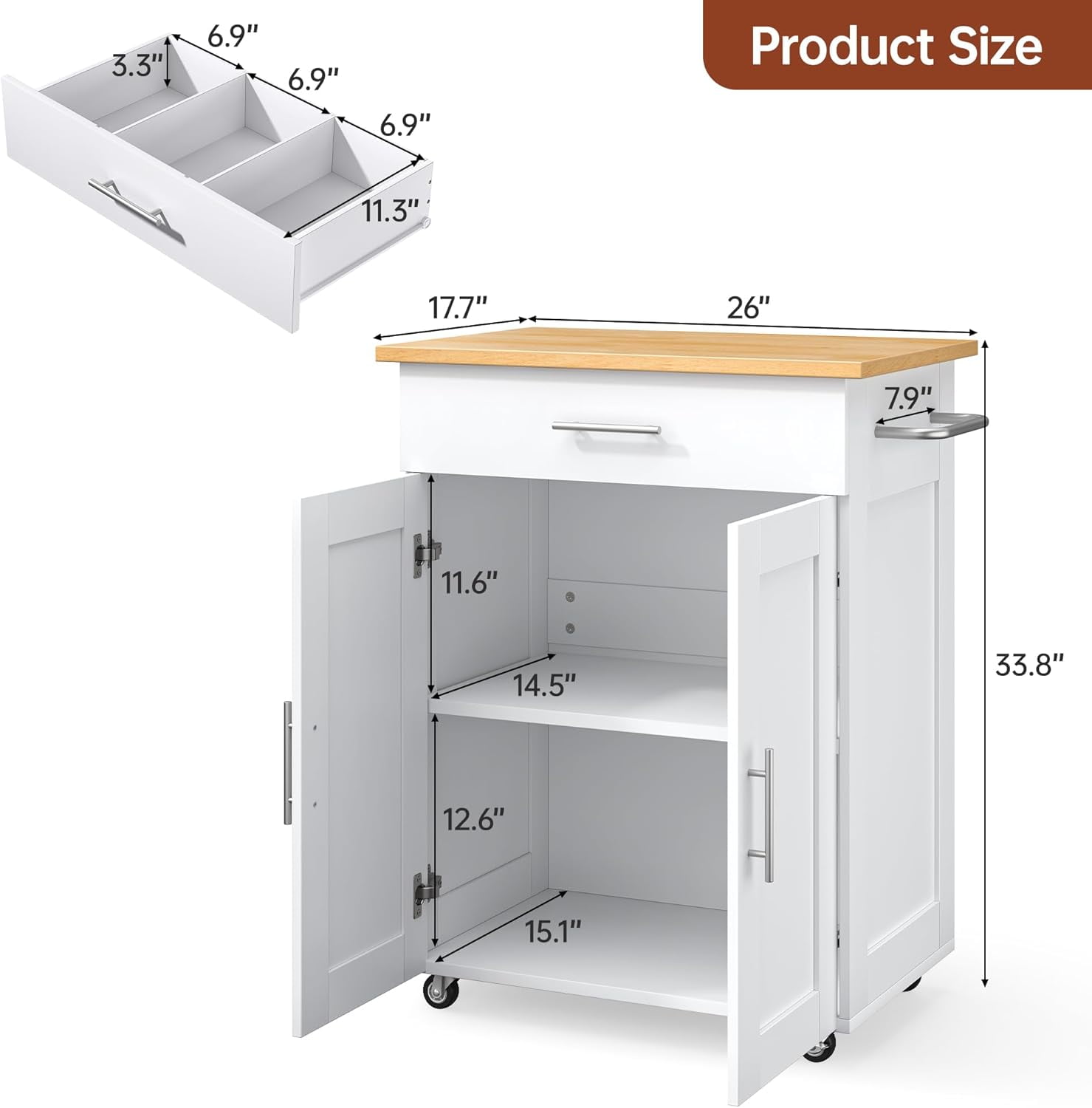 SELOOYE Kitchen Island Cart with Storage, Rolling Side Table, Large Worktop, Cabinet, Towel Rack, Drawers