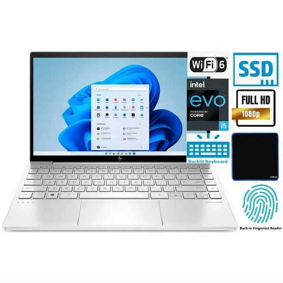 HP Envy Laptop 13.3'' FHD IPS Evo Platform 4-Core Intel i5-1135G7 Iris Xe Graphics 8GB DDR4 256GB NVMe SSD WI-FI 6 Win10 Fingerprint Backlit Keyboard Silver with UltraTech Mouse Pad Bundled
