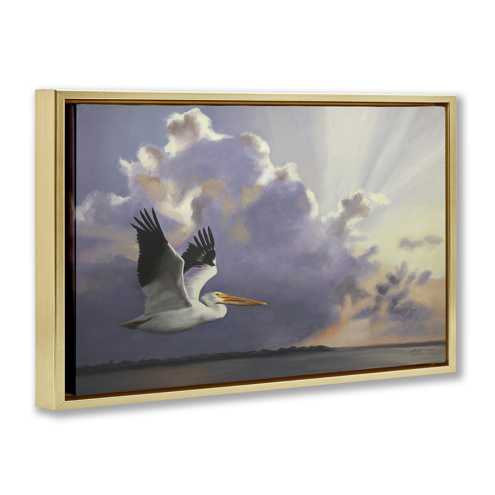 Stupell Industries Dawn Sunrise Pelican Landscape Painting Gold Floater Framed Canvas Art Print Wall Art, 31 x 21