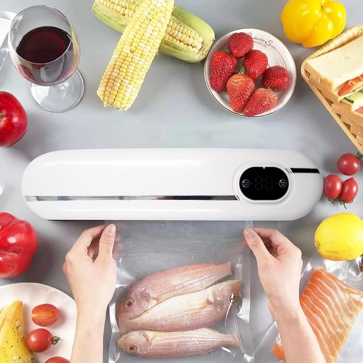 LC-dolida Multifunctional Vacuum Sealer, 60 kPa Food Vacuum Sealer Machine with LED Display & 10 Sealing Bags, 3 Sealing Modes One-click Operation Powerful Suction for Dry and Moist Food（Beige）