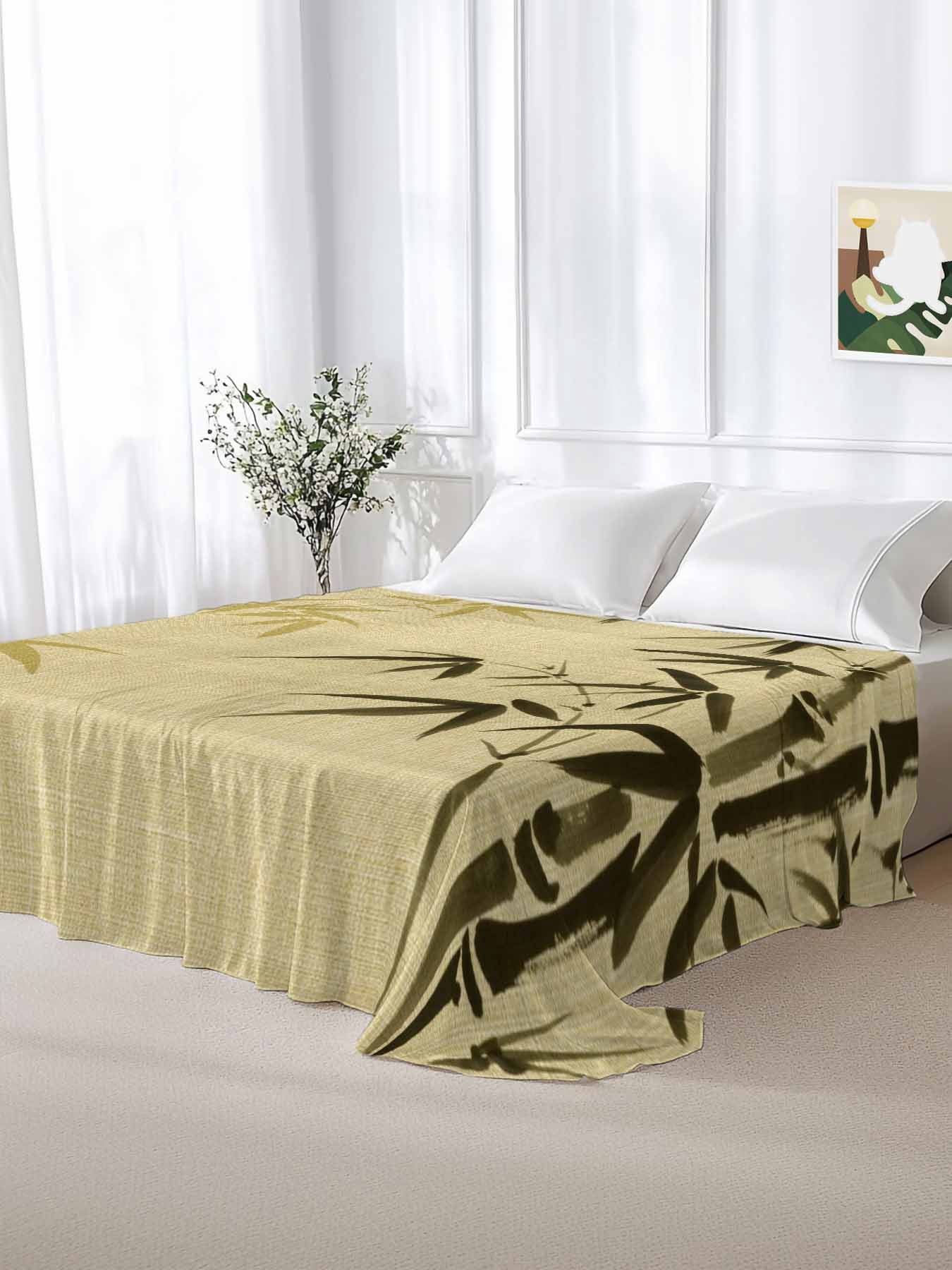 Queen Flat Sheet 90"x102", Vintage Bamboos Soft Lightweight Bedding Flat Sheets Only, Ink Painting Retro Art Rustic Brushed Microfiber Top Bed Sheet, Breathable StainResistant Bedsheets