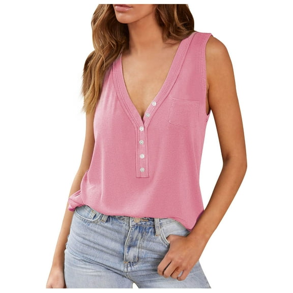 Timegard Tank Tops for Women Ribbed Deep V Neck Button Summer Beach Casual Comfy Sleeveless Slim Tops