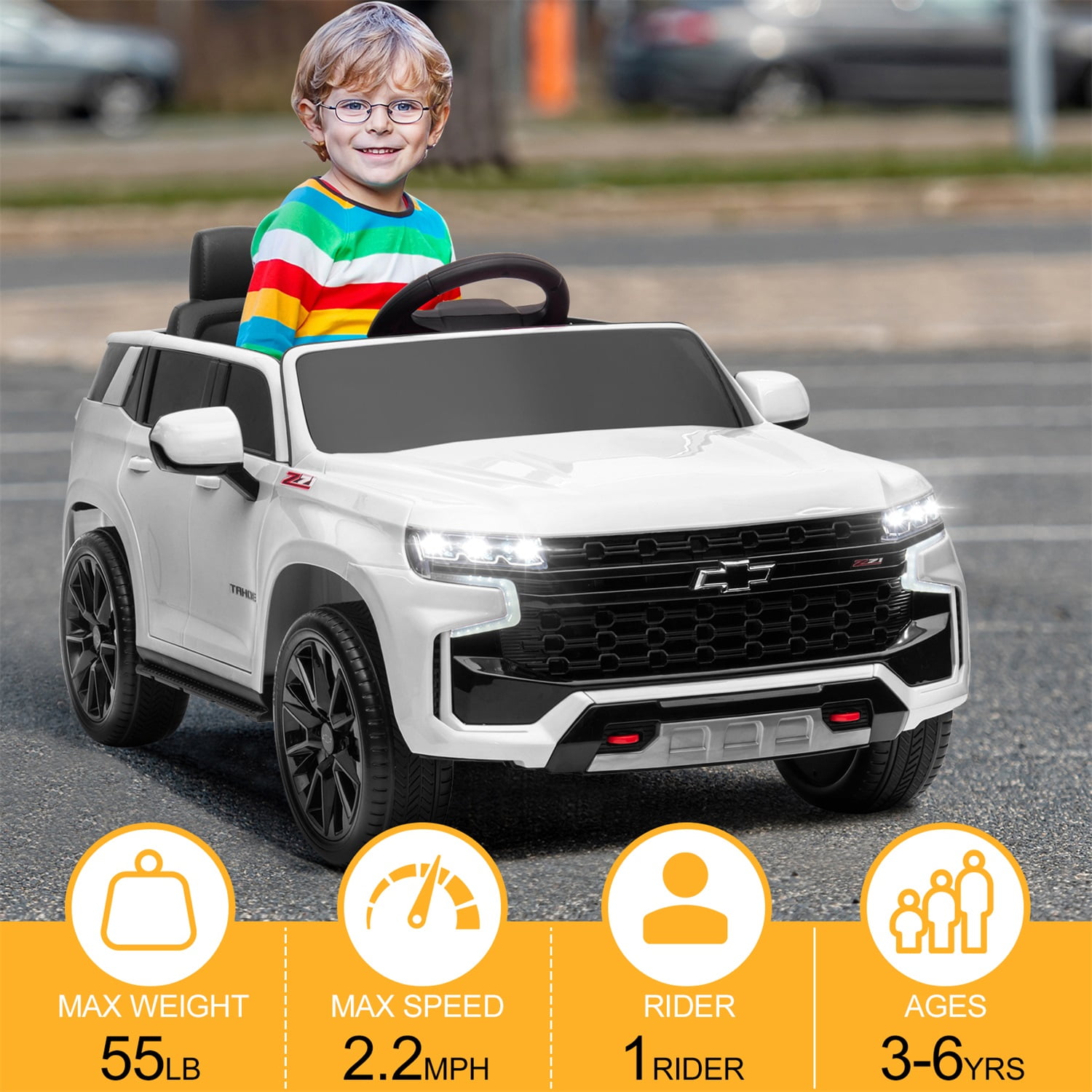 CIPACHO HL588 Chevrolet Tahoe SUV 12V Ride On Car with Remote Control, Dual Drive 2 Seater Electric Car Toy for Kids, 3 Speeds, White