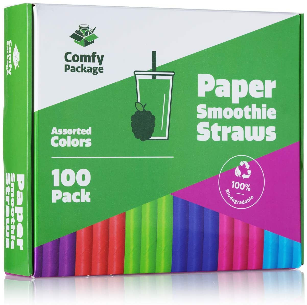 Comfy Package Paper Jumbo Smoothie Straws 100% Biodegradable [100 Pack] Assorted Colors