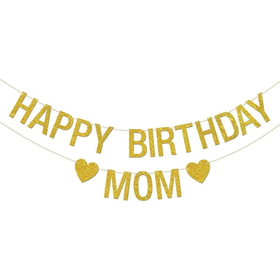 Happy Birthday Mom Banner, Queen Mother Mom Birthday Party Bunting, Mommy Birthday Party Decorations Supplies Banner, Gold Glitter