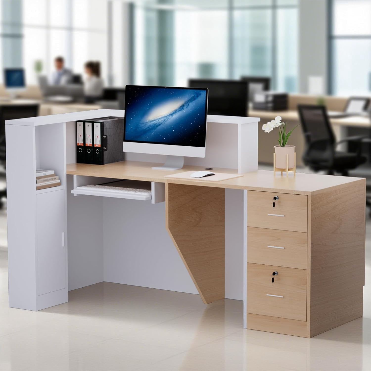 Esheno Modern Wooden L Shaped Reception Desk 71 inch Commercial Counter with Lockable Drawers and Cabinet Plain Wood Color Left Side Storage for Office Lobby School