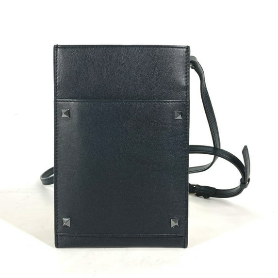 Pre-Owned VALENTINO Pochette Logo Studded Leather Shoulder Bag, Women's, Black, Like...