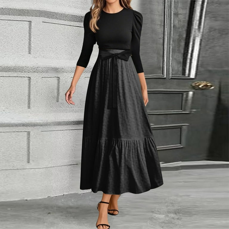 Uocefik Long Floral Dresses for Women 2025 Elegant Boho Tie Belted Patchwork Empire Waist 3/4 Sleeve Modest Flowy Maxi Dress 2025 Black L