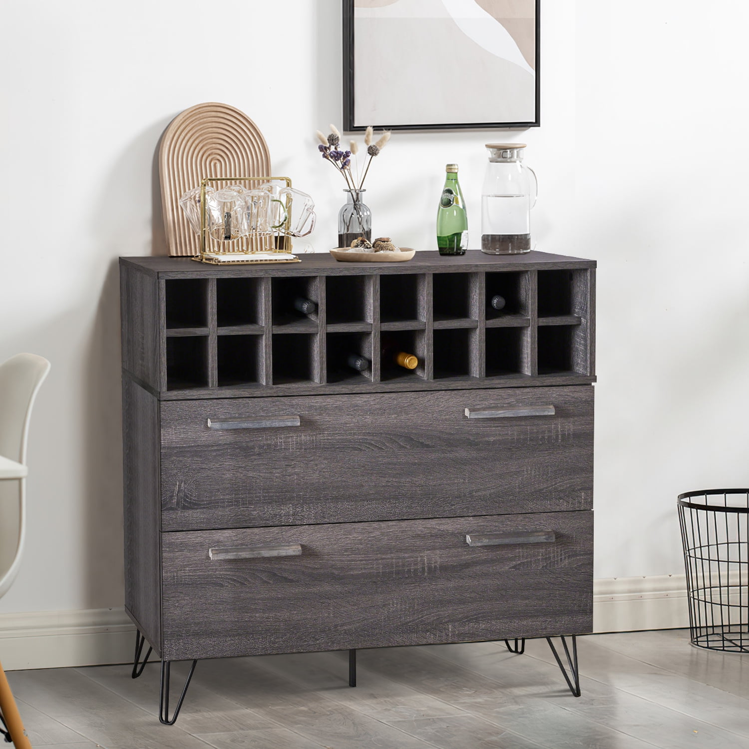 Kadyn Mid Century Fiberboard Wine Cabinet, Modern Bar Cabinet for Home Bar, Fiberboard Wine Bar Cabinet with Storage Space, Plaid Grey Oak