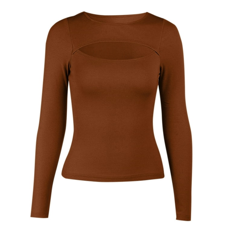 Long Sleeve Shirts for Women Autumn Chest Cutout Ribbed