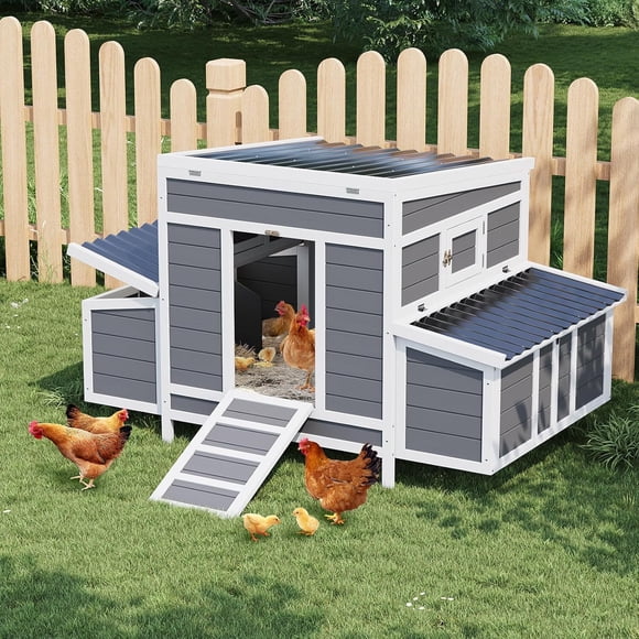 Ourlova Large Wooden Chicken Coop for 4-6 Chickens – Outdoor Poultry and Rabbit Cage with 6 Nesting Boxes No-Slip Ramp Pull-Out Tray Openable Roof and Window