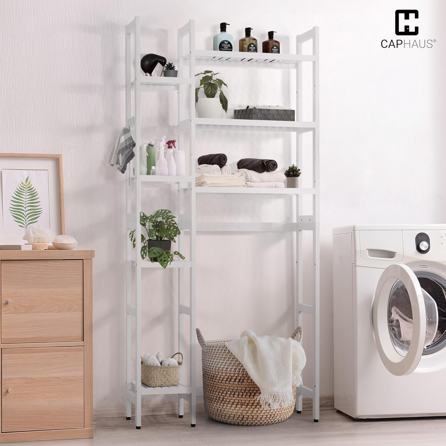 CAPHAUS Bamboo Over The Toilet Storage, Behind Toilet Bathroom Shelf Rack with Hooks & Adjustable Feet, 31-Inch Freestanding Toilet Shelf, Bathroom & Laundry Organizer, Balcony Plant Stand, White