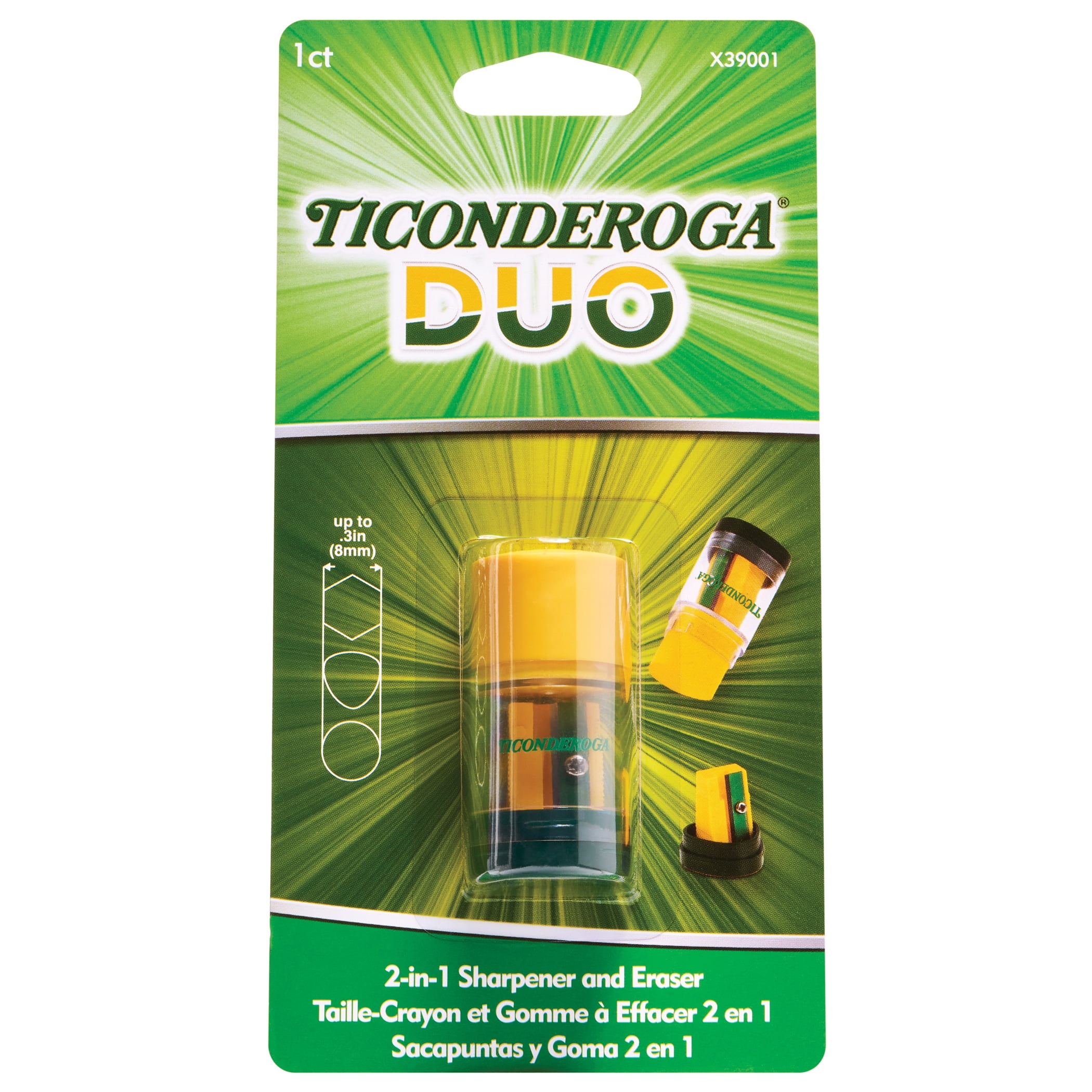 Ticonderoga DUO Sharpener/Eraser, Green and Yellow, Pack of 12